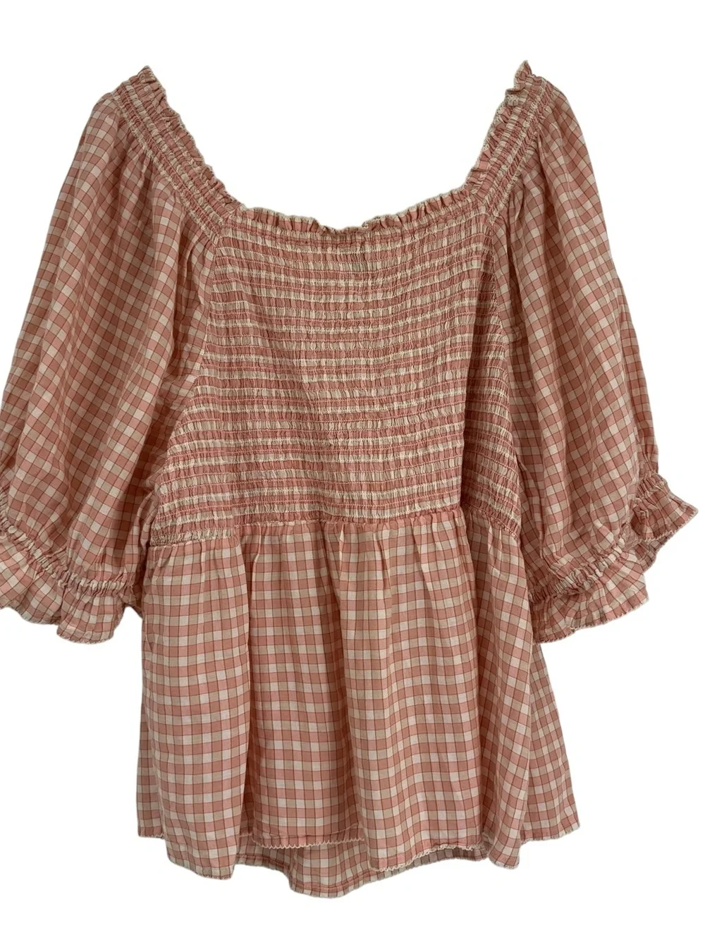 Old Navy Women's Top Pink Plaid Puff Sleeves Milkmaid Babydoll Size 4X Smocking